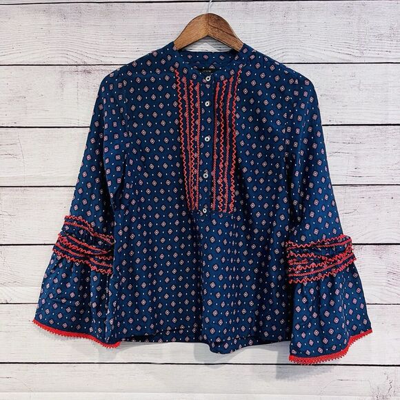 J Crew Embroidered Bell Sleeve Silk Blend Top Boho Size 4 Long Sleeve Ruffle - Picture 2 of 11